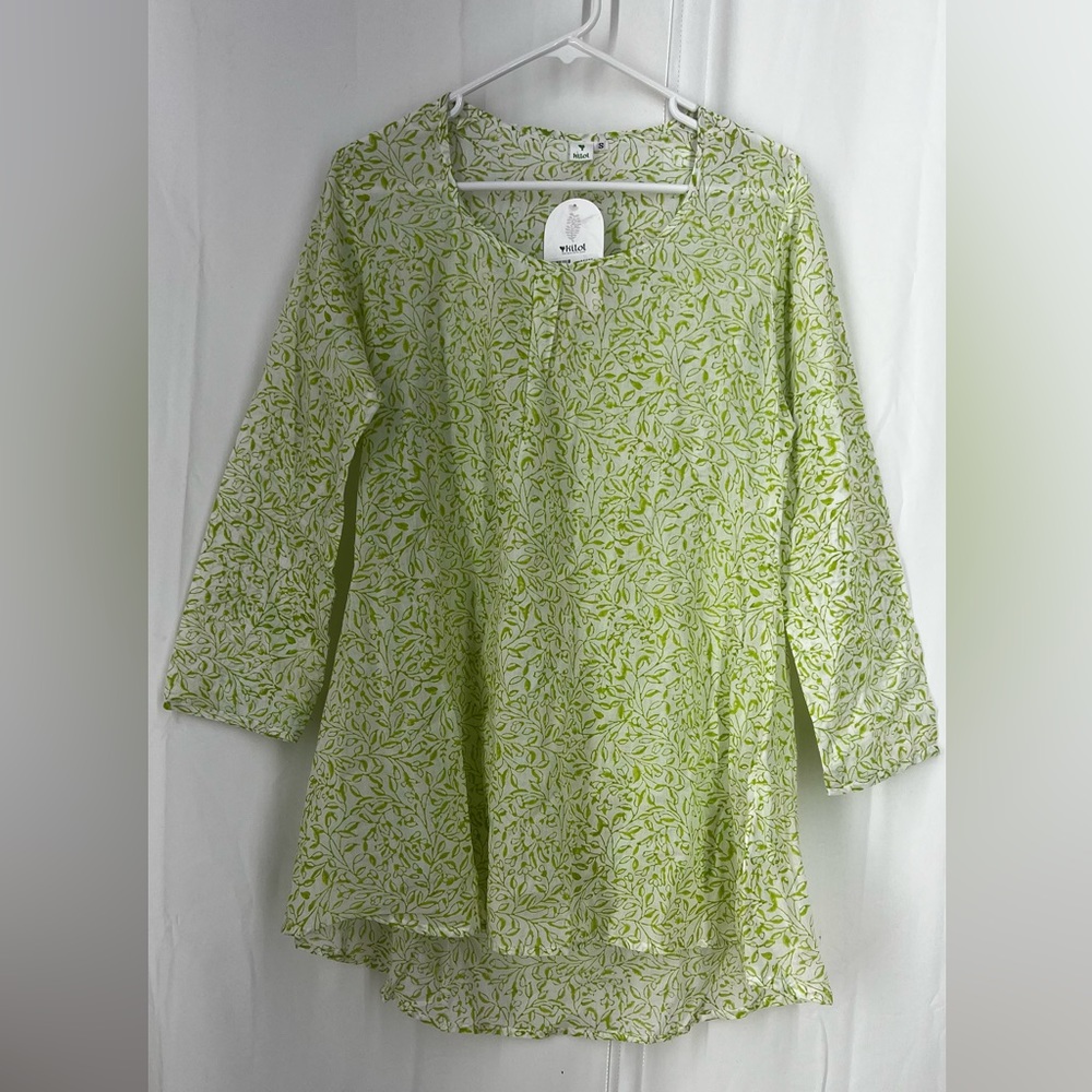 Kilol Tunic Top Hand Block Prints India Cotton 3/4 Sleeves Womens Lime Freeze